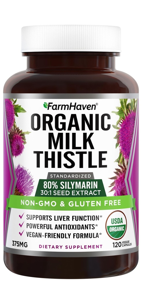FarmHaven USDA Organic Milk Thistle Capsules | 30X Concentrated Seed Extract & 80% Silymarin Standardized - Supports Liver Function and Overall Health | Non-GMO | 120 Vegan Capsules