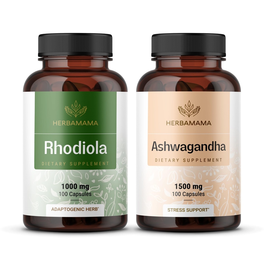 HERBAMAMA Rhodiola Rosea and Ashwagandha Kit - Bundle of 1000 mg Rhodiola Rosea Capsules &1500 mg Ashwagandha Root Capsules - Vegan, Non-GMO, Gelatin-Free - 2 Pack