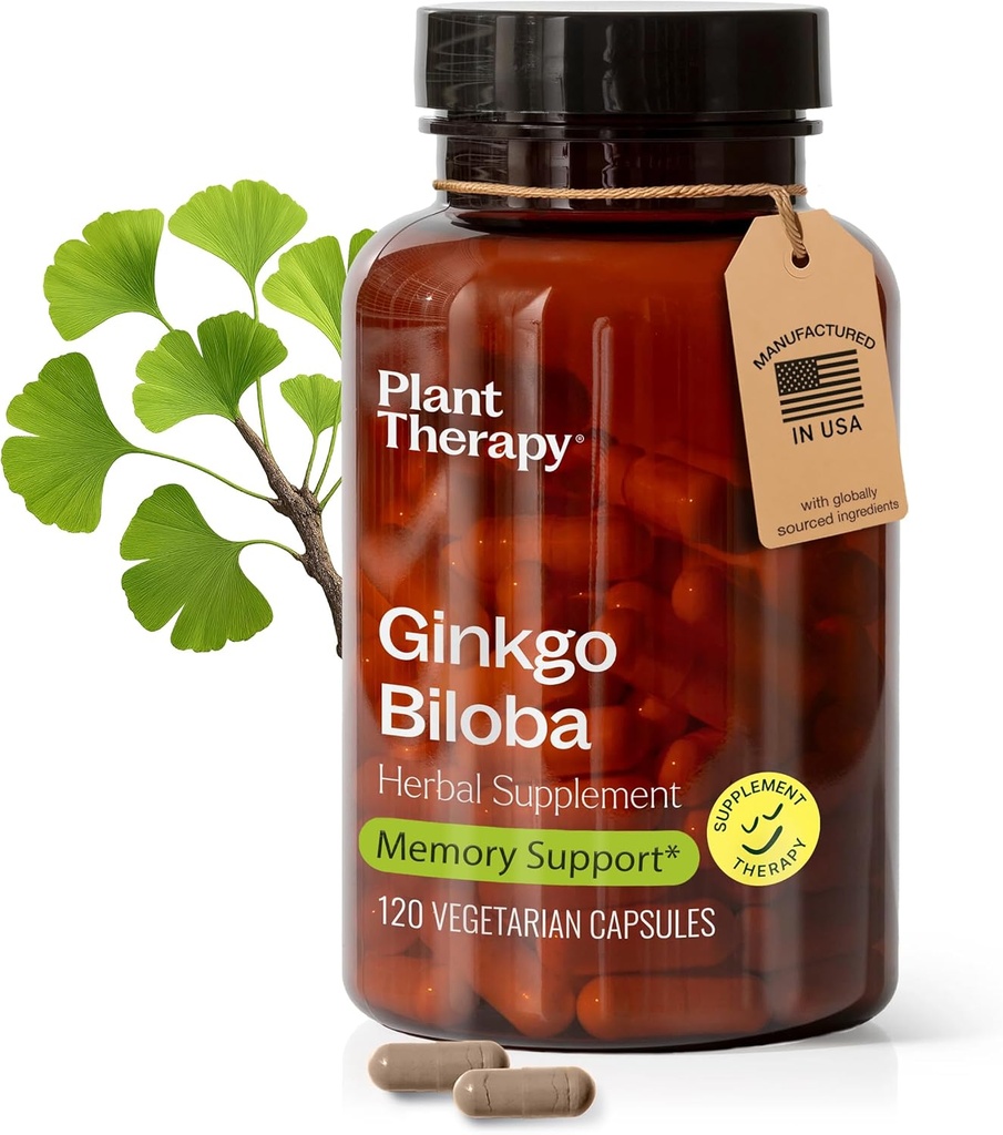 Plant Therapy Ginkgo Biloba Capsules Manufactured in USA 4 Month Supply Supports Memory Cognitive Function, Healthy Circulation and Antioxidant-Rich Supplements for Women & Men 120 Vegetarian Capsule