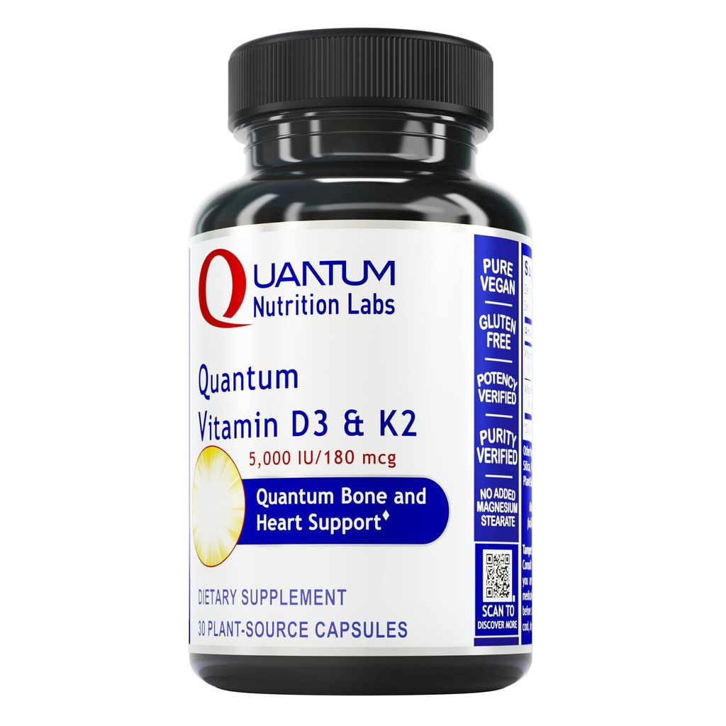 Quantum Nutrition Labs Vitamin D3 and K2 Supplement - Bone & Heart Health Support for Women & Men, 5000 IU, Vegan Vitamins, Allows Calcium Absorption, Gluten-Free - 30 Plant Based Capsules