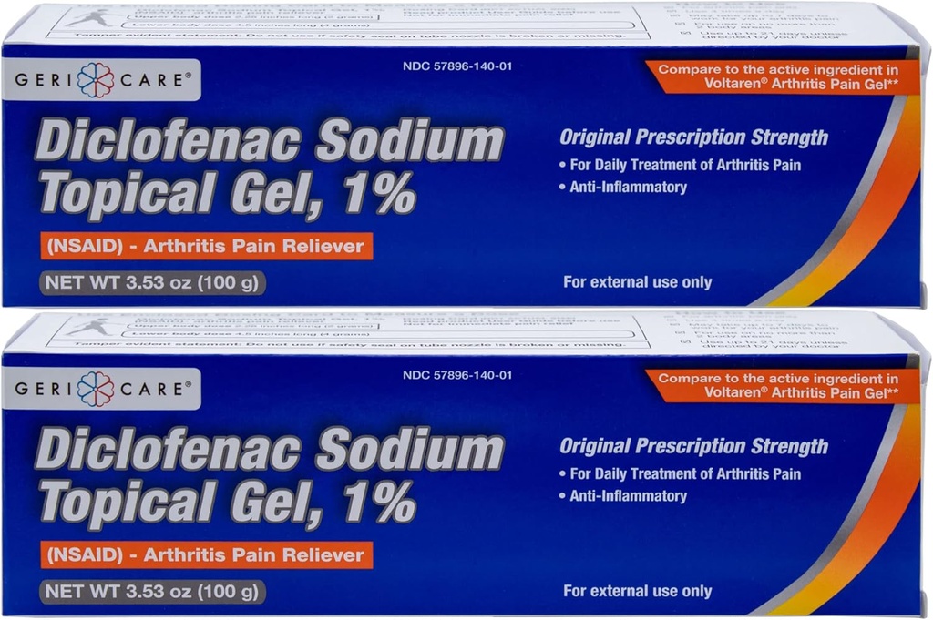 GeriCare Topical Arthritis Pain Relief Gel Diclofenac Sodium 1% (NSAID) Hand Wrist Elbow Foot Ankle Knee Extra-Strength Pain Reliever- Anti-inflammatory Arthritis Pain Treatment, 3.53oz (2 Pack)