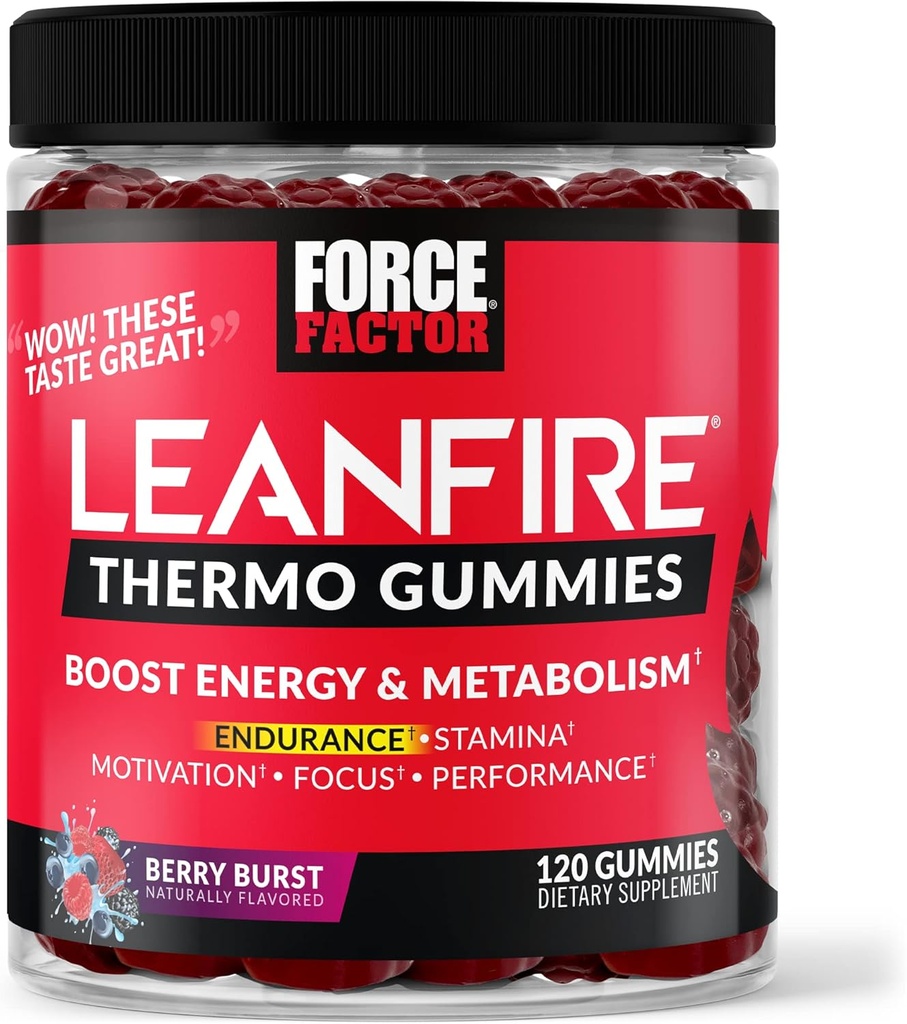 Force Factor LeanFire Thermo Gummies with B12 Vitamins, Caffeine, & Green Coffee Bean, Boost Energy, Metabolism, Endurance, Stamina, Motivation, Focus, & Performance, Pre Workout Gummies, 120 Gummies
