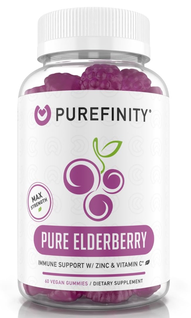 PUREFINITY Elderberry Gummies with Sambucus, Vitamin C, and Zinc – Your Perfect Daily 3-in-1 Supplement for Kids & Adults – Gluten Free, Non-GMO, Vegan, 60 Count