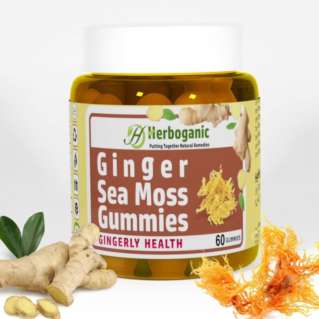 HERBOGANIC Ginger Sea Moss Gummies - Herbal Support for Immune & Digestive Health - Plant-Powered, Gluten-Free & Vegan-Friendly - 60 Count