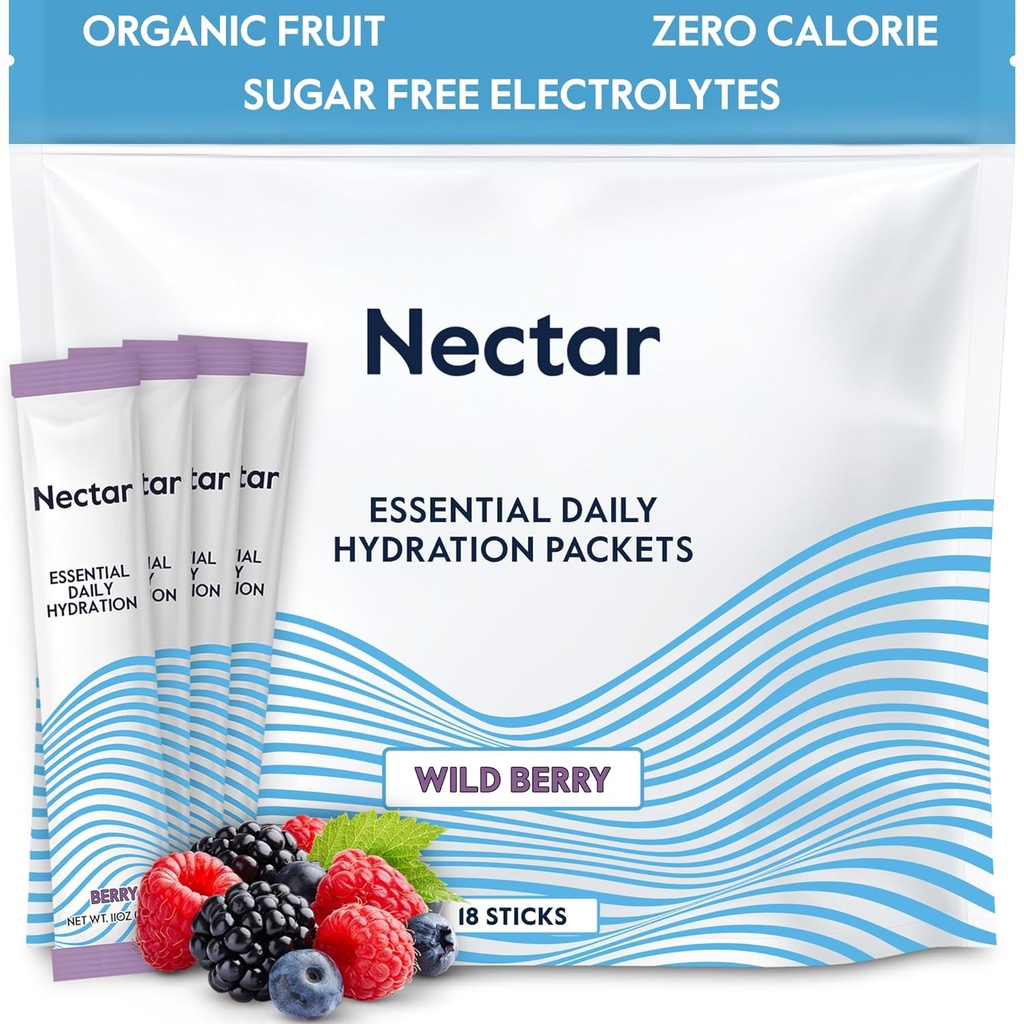 Nectar Hydration Packets - Electrolytes Powder Packets - No Sugar or Calories - Organic Fruit Liquid Daily IV Hydrate Packets for Dehydration Relief and Rapid Rehydration (Berry 18 Pack)