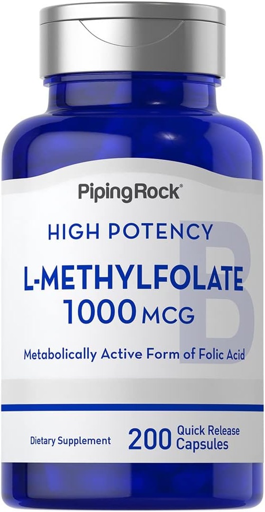 Piping Rock L Methylfolate Supplement | 1000 mcg | 200 Capsules | Active Form of Folic Acid | Non-GMO, Gluten Free