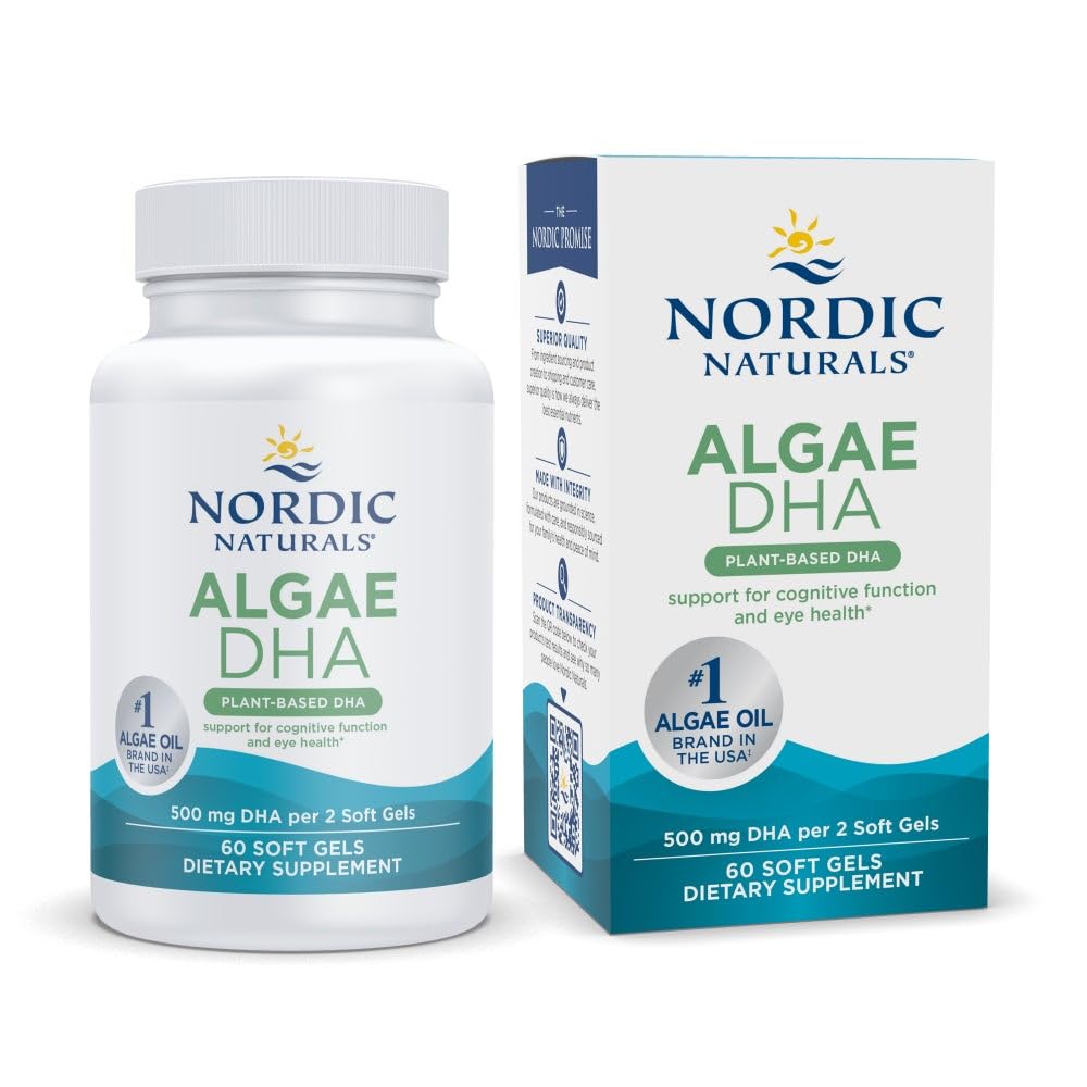 Nordic Naturals Algae DHA - 60 Soft Gels - 500 mg Omega-3 DHA - Certified Vegan Algae Oil - Plant-Based DHA - Brain, Eye & Nervous System Support - Non-GMO - 30 Servings
