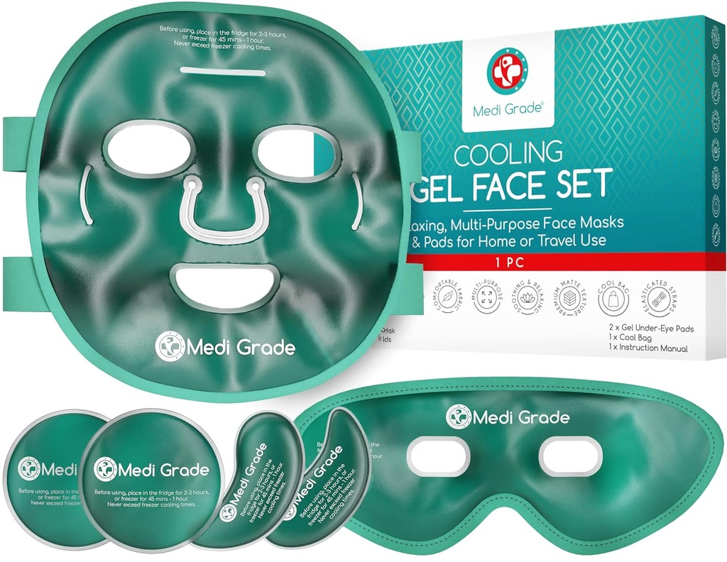 Medi Grade Cooling Ice Face Mask and Cooling Eye Mask for Puffy Eyes & Migraine Relief - Self Care Face Ice Pack with ChillGel Face Ice Mask Technology - Cooling Face Mask, Eye Pads and Bag