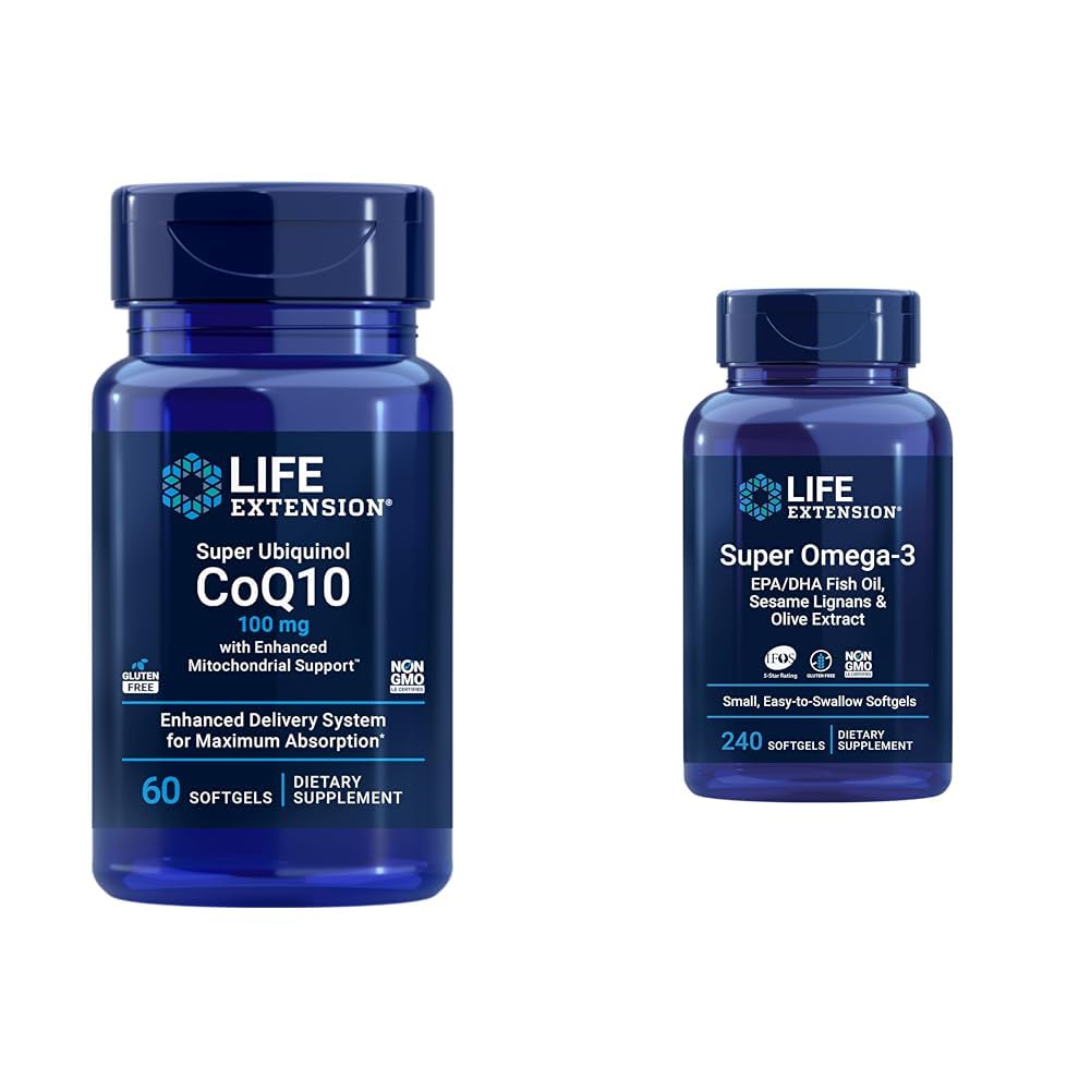 Life Extension Super Ubiquinol CoQ10 with Enhanced Mitochondrial Support, ubiquinol CoQ10 & Super Omega-3 EPA/DHA Fish Oil, Sesame Lignans & Olive Extract - Omega 3 Supplement