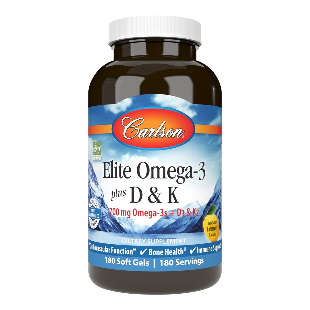 Carlson - Elite Omega-3 Plus D & K, 700 mg Omega-3s + D3 & K2, Function, Bone Health & Immune Support, Lemon, 180 Softgels