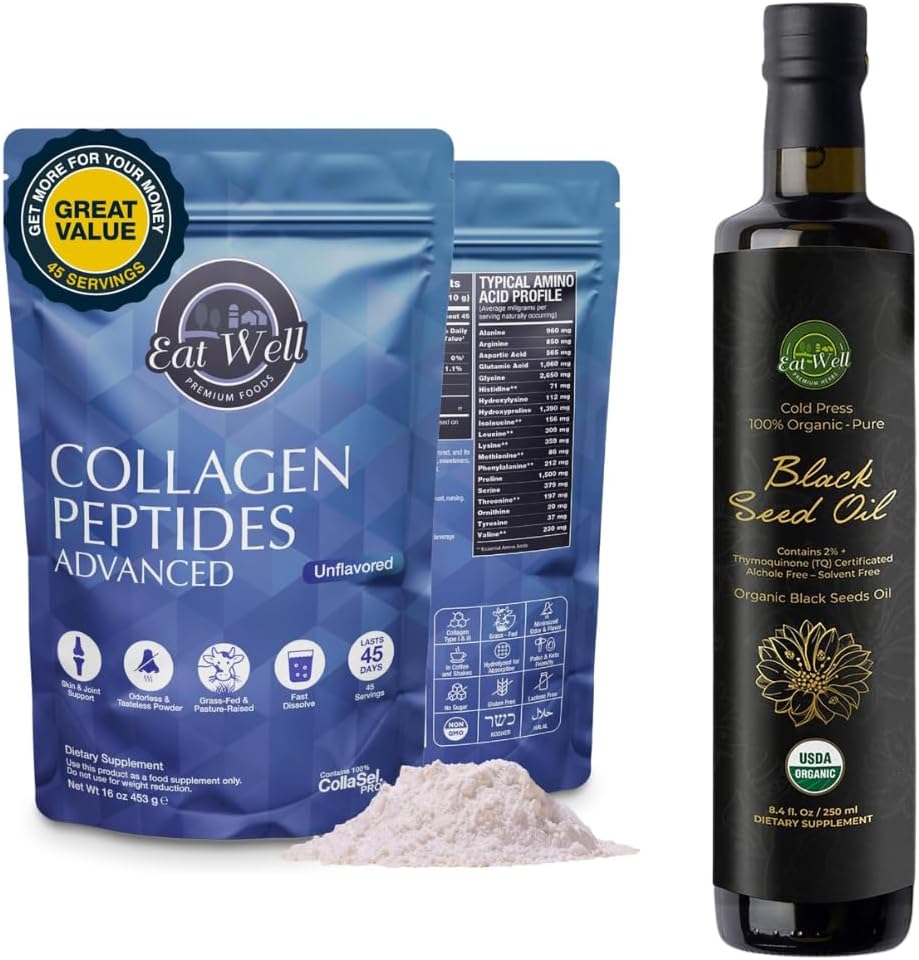 EAT WELL PREMIUM FOODS Collagen Peptides Powder Protein 45 Servings, 16oz & USDA Organic Black Seed Oil 8.4 FL oz Bottle