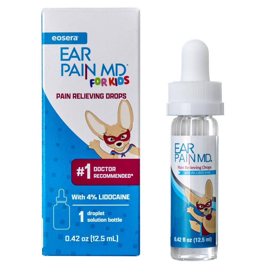 Eosera Ear Pain MD for Kids - Maximum Strength Earache Relief Drops with Lidocaine - Doctor Recommended Ear Medicine for Children, Babies & Toddlers 2+ - Fast-Acting Ear Drop Pain Reliever - 12.5mL