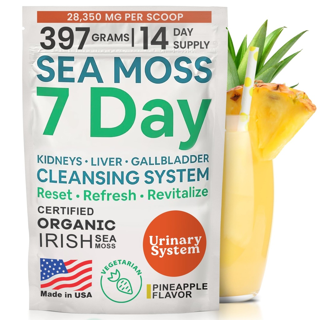 Atlantic Naturals Sea Moss 7 Day Detox Liver, Gallbladder & Kidney Cleanse - Support with Dandelion Root, Milk Thistle, Burdock Root, Red Clover, Chanca Piedra - Pineapple Flavor Drink Mix (14 oz)
