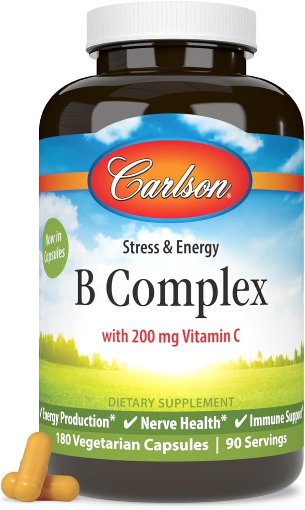 Carlson - B Complex Balanced B Vitamins with Vitamin C - Stress, Energy & Immune Vitamin B Complex for Women & Men - 180 Vegetarian Capsules