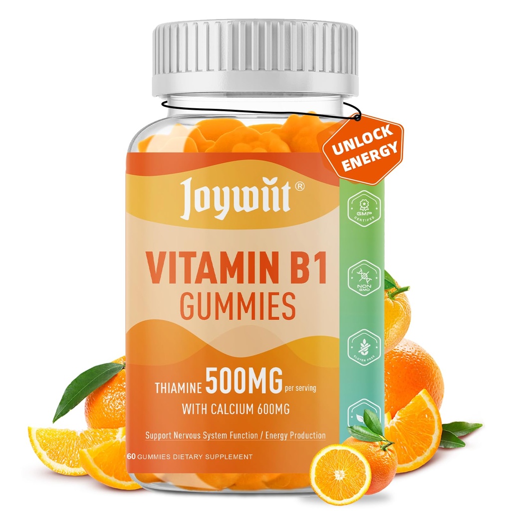 Vitamin B1 Gummies 500mg, Chewable Thiamine B1 Supplement for Adults, with 600mg Calcium Citrate, Support Nervous System, Vegan, Natural Orange Flavor