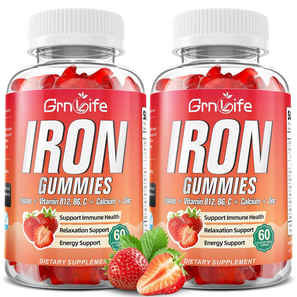 Iron Gummies for Women, Men & Kids, Sugar Free Iron Supplement with Calcium, Zinc, Folate & Vitamin B12, C, B6 - for Blood Building & Energy Support, Anemia, Strawberry, 120 Count