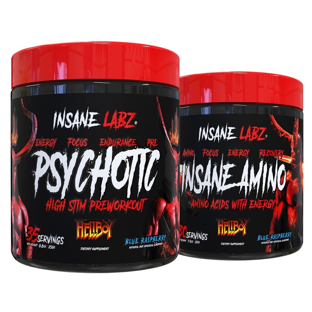 Insane Labz Hellboy Bundle, Psychotic Hellboy Pre Workout and Insane Amino BCAA, Increase Muscle Mass, Strength, Focus and Recovery Time, Blue Raspberry