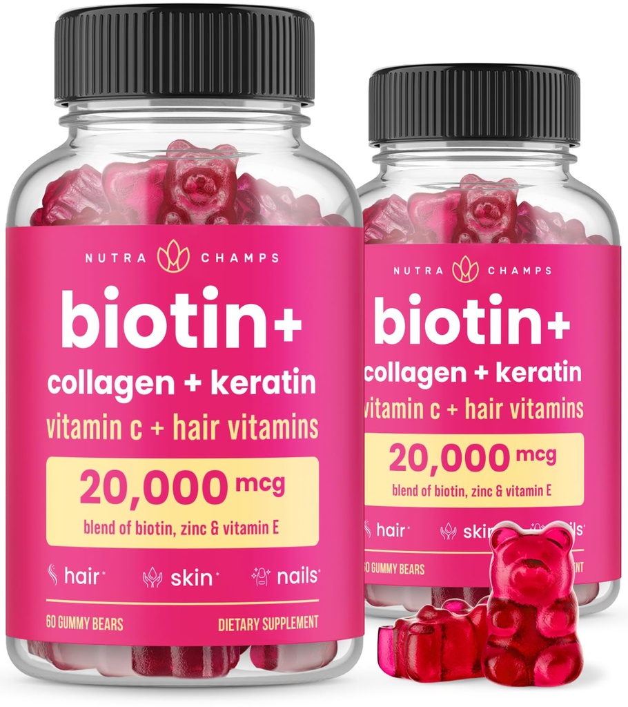 NutraChamps Biotin Gummies 5000mcg with Collagen, Keratin & More – Hair Skin and Nails Vitamins for Women & Men – Support Normal Hair Growth Cycle - Enhanced with Vitamin C, D3, Zinc (Pack of 2)