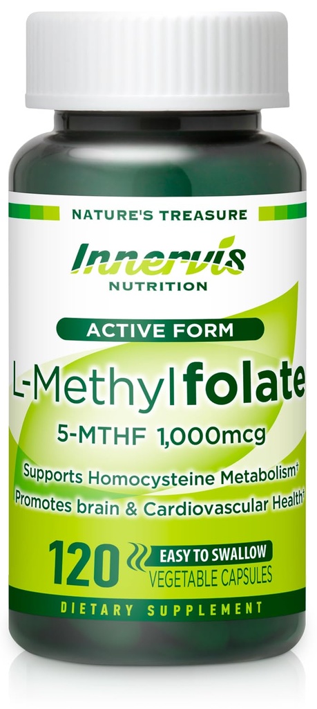 L-Methylfolate 1000mcg (120 Caps) Active Folate for Heart, Nerve Health & Homocysteine Support* - 5-MTHF Methylated Vitamin B9-1700 mcg DFE by Innervis Nutrition