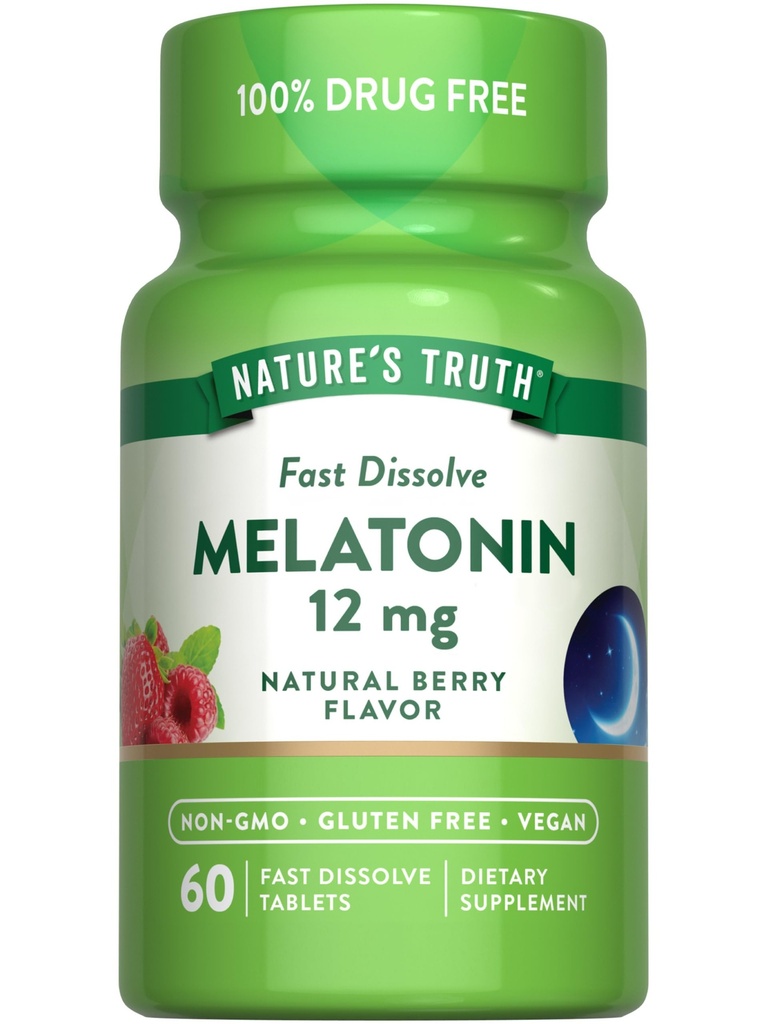 Nature's Truth Melatonin 12mg | 60 Fast Dissolve Tablets | Natural Berry Flavor | Vegan, Non-GMO & Gluten Free Supplement
