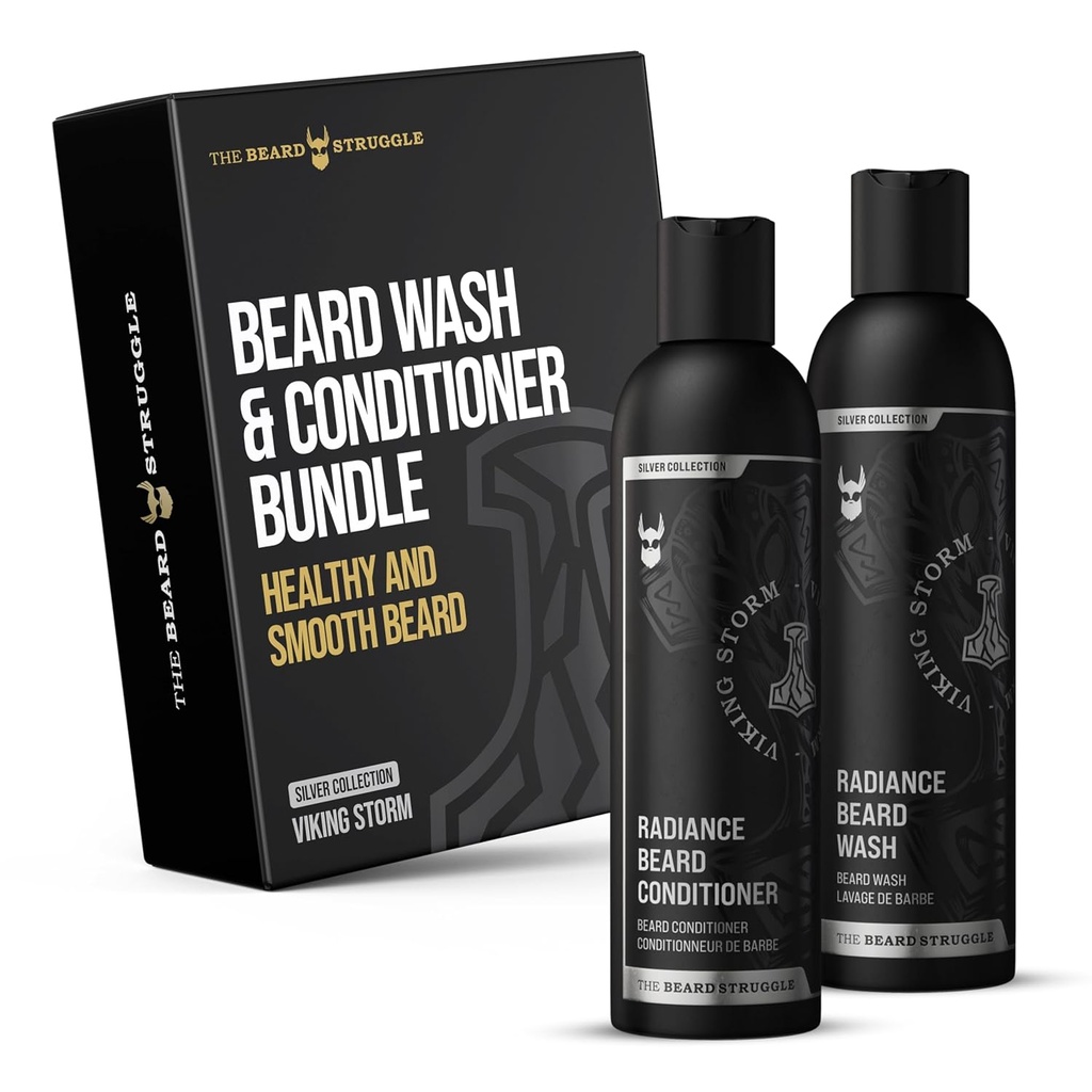 The Beard Struggle - Radiance Beard Wash & Conditioner Bundle - Silver Collection - Pack of 2, Viking Storm - Nourish, Cleanse, Softens, & Strengthens Beard - Beard Wash and Conditioner for Men