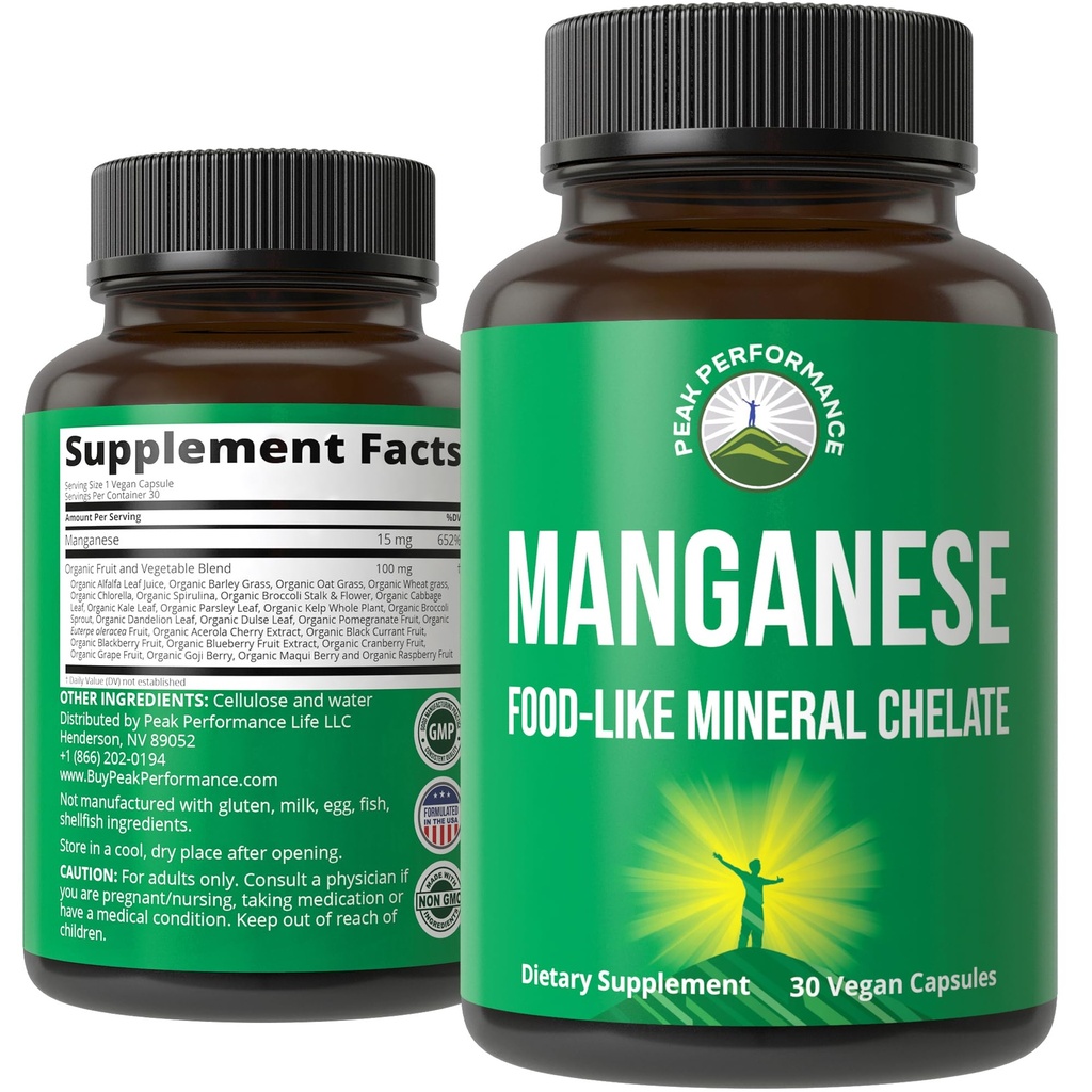 Manganese Supplement Food Like Mineral Chelated for Superior Absorption with Whole Food Blend of 25+ Fruits & Vegetables. Pure Trace Mineral Capsules for Connective Tissue, Bone Health, Enzyme Support