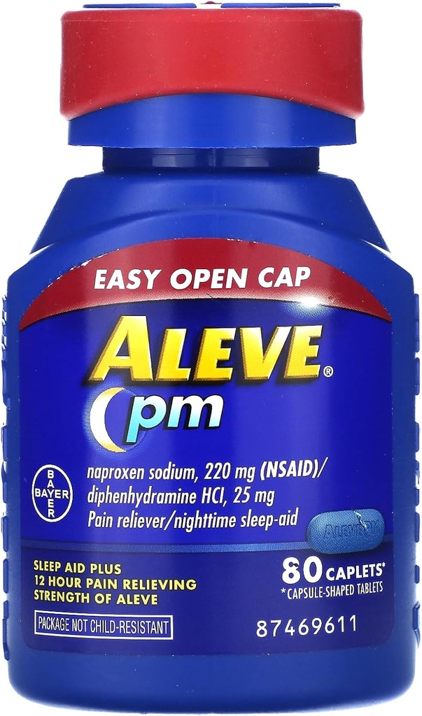 Aleve PM Caplets, Naproxen Sodium 220 mg (NSAID)/diphenhydramine HCl 25 mg, Pain Reliever/Nighttime Sleep-Aid, Non-Habit Forming, 80 Count
