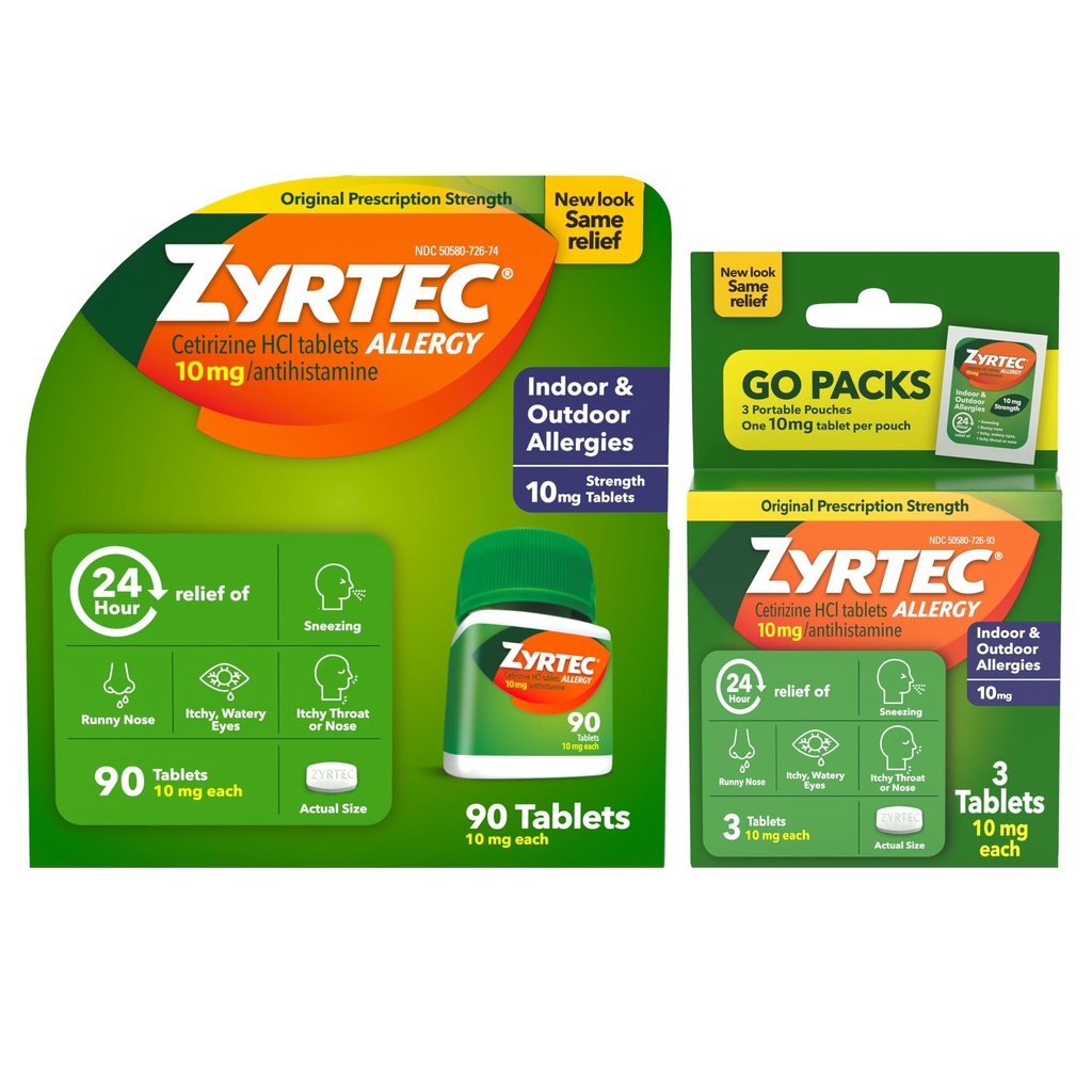 Zyrtec 24-Hour Allergy Relief Tablets, 90-Ct Size Plus 3x1-Ct Packs