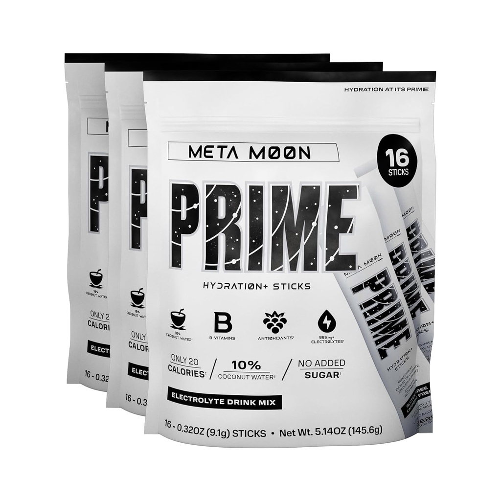 PRIME HYDRATION+ Sticks META Moon | Hydration Powder Single Serve Sticks | Electrolyte Powder On The Go | 250mg BCAAs, B Vitamins, Antioxidants | Low Sugar | Caffeine-Free | Vegan | 48 Sticks