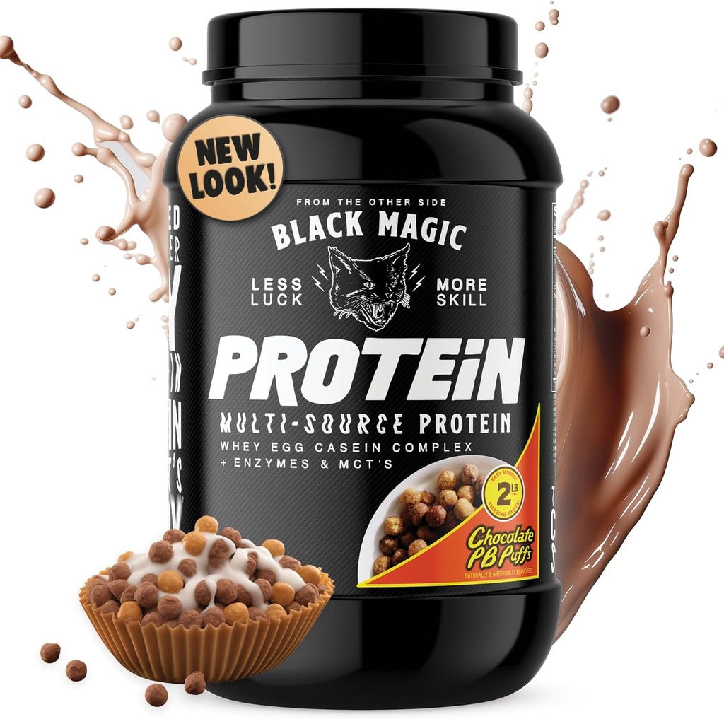 Black Magic Protein Powder - Whey, Egg, and Casein Complex with Enzymes & MCT Powder - Pre Workout and Post Workout - New Look- Famous Chocolate Peanut Butter Puffs - 24g Protein - 2 LB