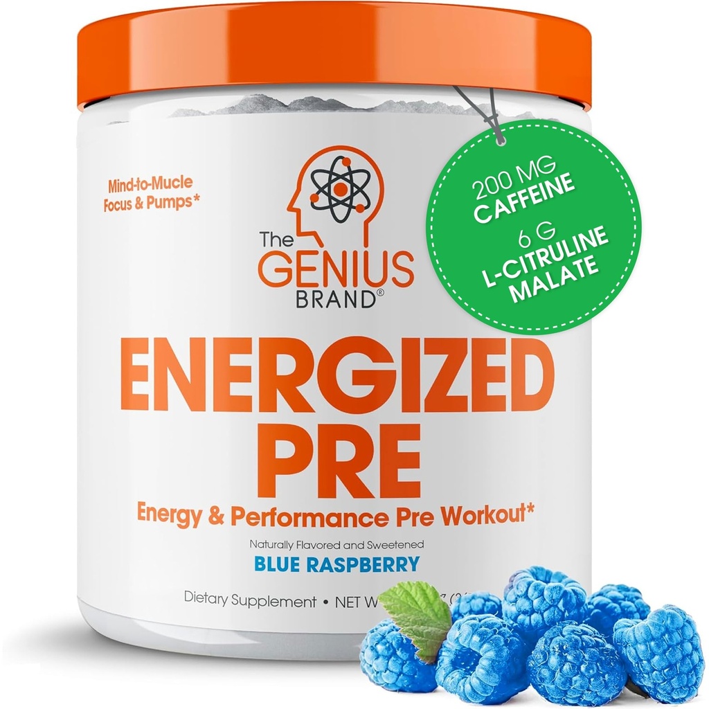 Genius Energized Pre Workout Powder – Caffeine Infused Pre-Workout Booster Supplement with Beta Alanine & Alpha GPC, No Artificial Sweeteners or Dyes - 200mg Caffeine, 20 Servings, Blue Raspberry