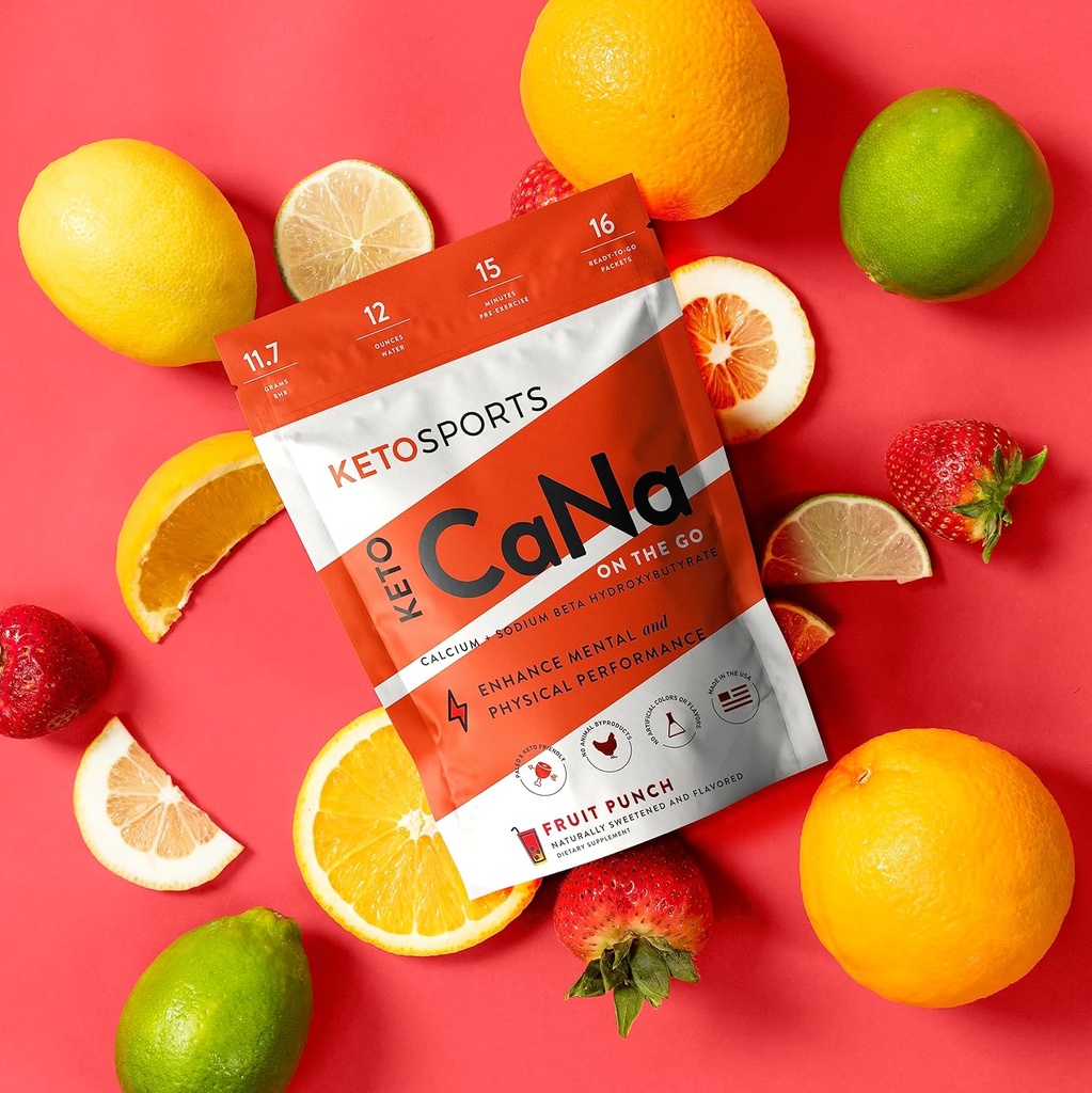 KetoSports New KetoCaNa GO (Fruit Punch) Single Serve Dietary Ketone Supplement for Physical and Mental Performance, Keto and Paleo-Friendly, Naturally Sweetened and Flavored 16 Stick Packs