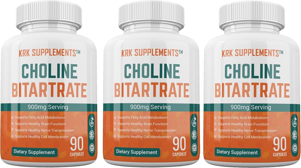 3 Bottles Choline Bitartrate 900mg Per Serving 270 Total Capsules KRK Supplements