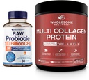 Wholesome Wellness Organic Probiotics 100 Billion CFU, Dr Formulated for Women and Men + Multi Collagen Protein Powder Hydrolyzed (Type I II III V X) Bundle