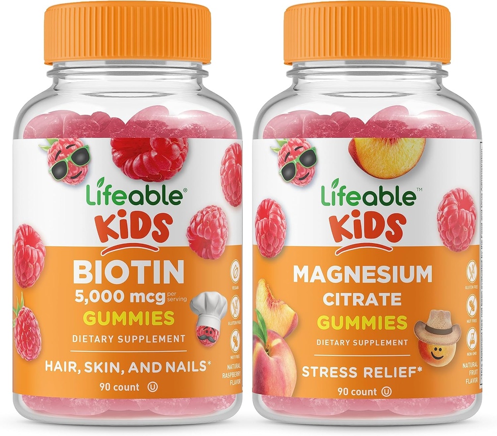 Lifeable Biotin Kids + Magnesium Citrate Kids, Gummies Bundle - Great Tasting, Vitamin Supplement, Gluten Free, GMO Free, Chewable Gummy
