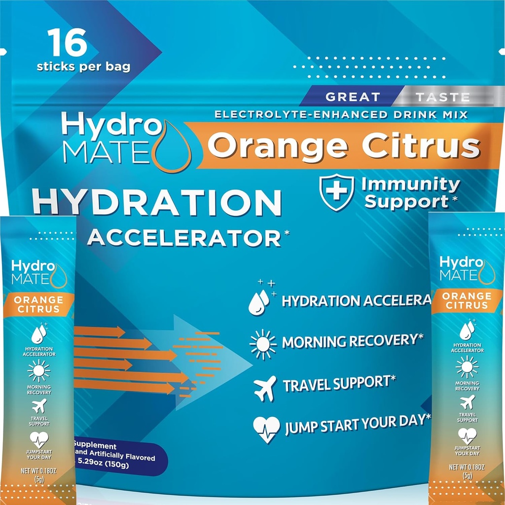 HydroMATE Electrolytes Powder with Low Sugar - 16 Instant Hydration Packets with Vitamin C Orange to Boost Energy - Low Sugar Electrolytes Powder Packets to Support Hydration for Fast Party Recovery