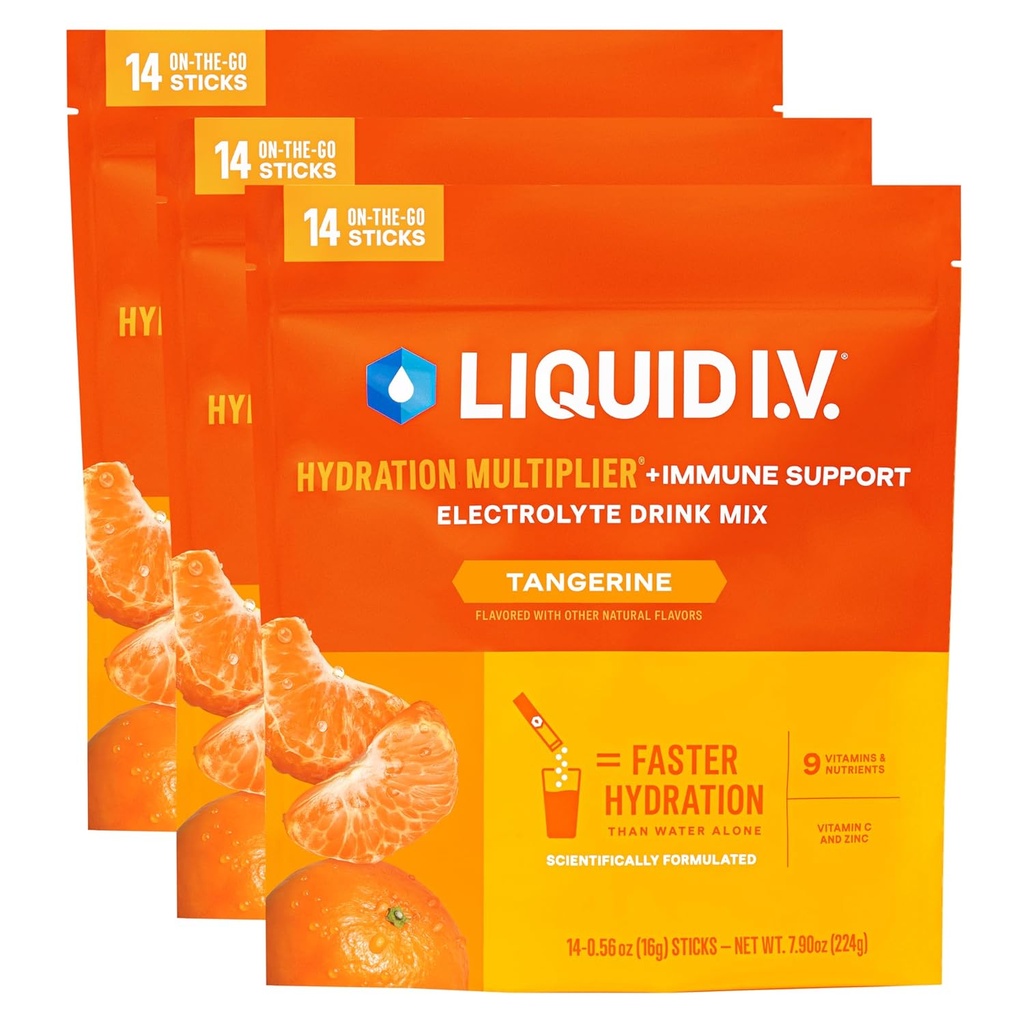Liquid I.V.® Hydration Multiplier +Immune Support - Tangerine | Electrolyte Powder Drink Mix | 3 Pack (42 Servings)