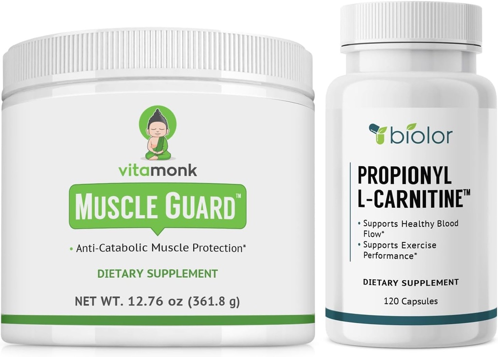 VitaMonk Muscle Guard & Biovy Propionyl-L-Carnitine with HMB, EAAs, Vitamin D, and Magnesium, Supports Muscle Growth, Strength, Endurance, Circulatory Health, Jitter-Free Energy, and Workout Recovery