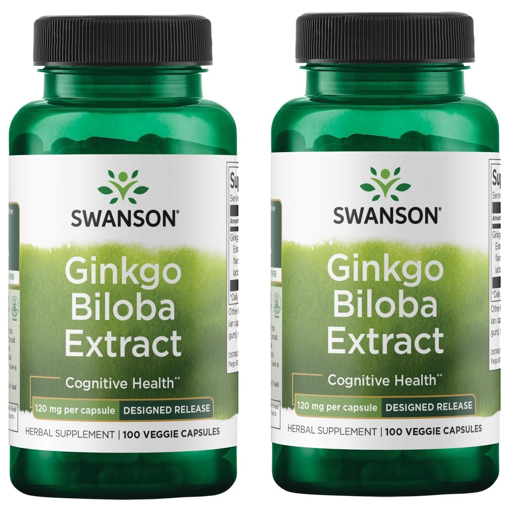 Swanson Ginkgo Biloba Extract Standardized Delayed-Release Memory Brain Cognitive Function Health Supplement 120 mg (24% flavone glycosides, 6% Terpene lactones) 100 Veggie Drcaps (2 Pack)