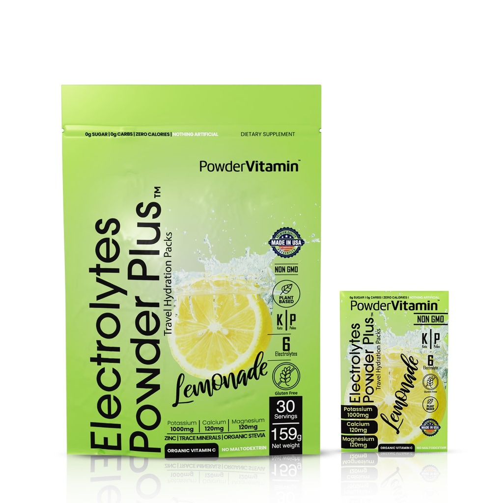 PowderVitamin Electrolytes Powder Plus, Keto, Lemonade, Zero Sugar, 1000mg Potassium, 120mg Calcium, 120mg Magnesium, Non-GMO, Zero Calories, 30 Hydration Packets