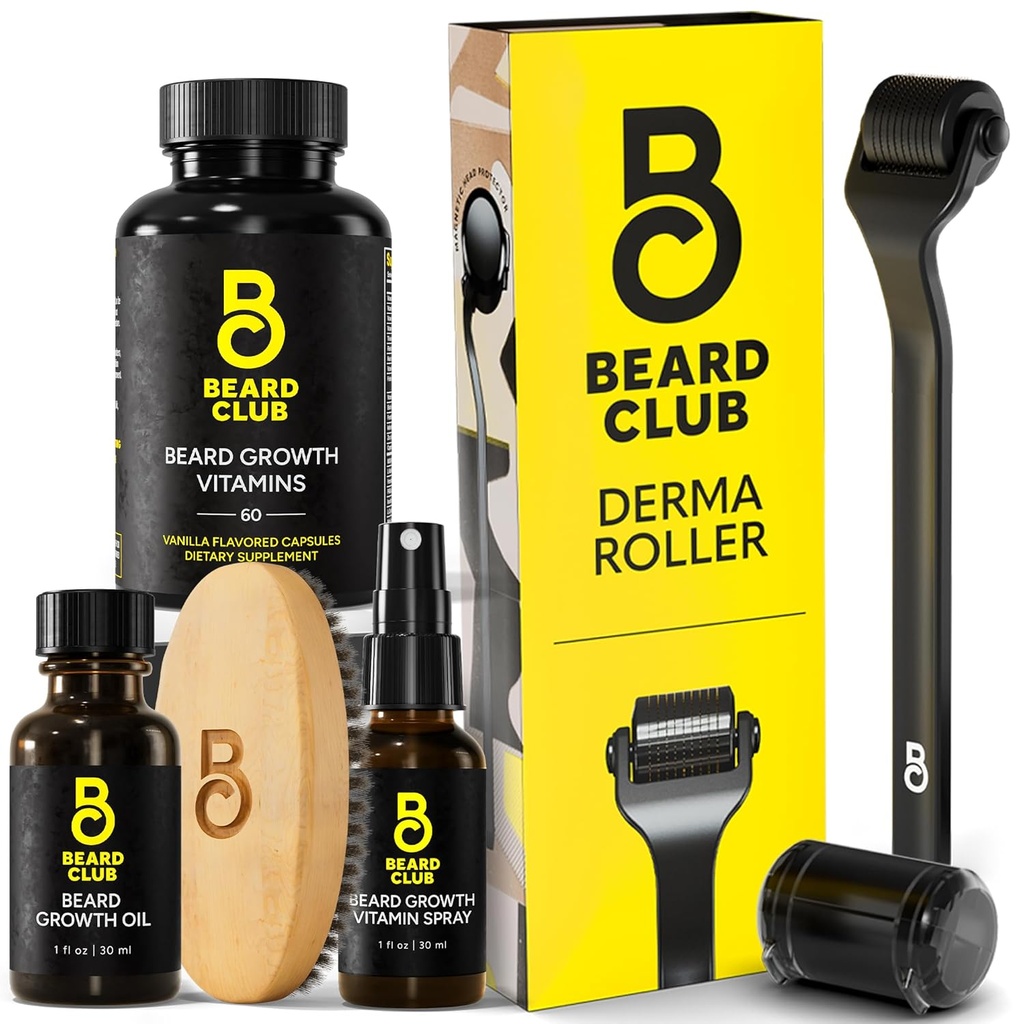 The Beard Club Derma Roller & Essential Beard Kit - Beard Roller, Beard Oil, Beard Spray, Beard Vitamins