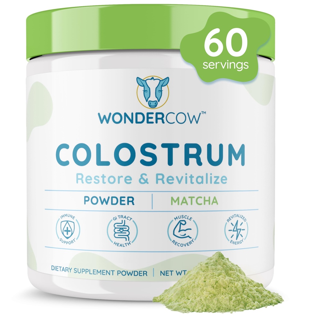 WONDERCOW Colostrum Supplement Powder for Gut Health, Immune Support & Wellness | Natural IgG Pure Whole Bovine Colostrum Superfood, Matcha, 60 Servings