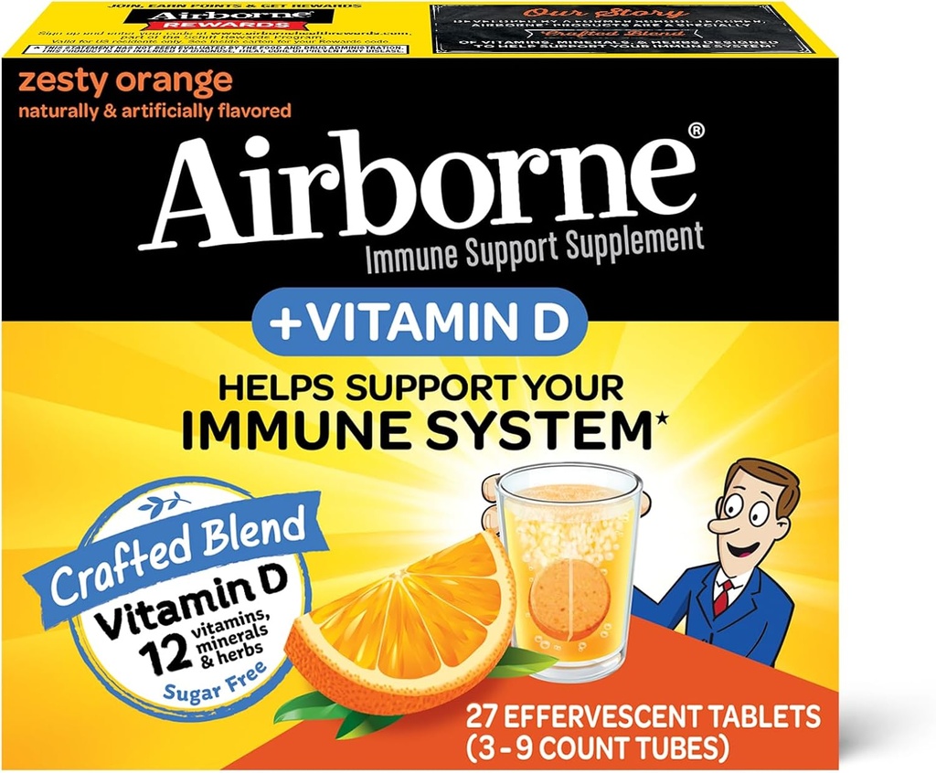 Airborne 750mg Vitamin C with Zinc Effervescent Tablets, Immune Support Supplement with Powerful Antioxidants Vitamins A C D3 & E - 27 Fizzy Drink Tablets, Zesty Orange Flavor