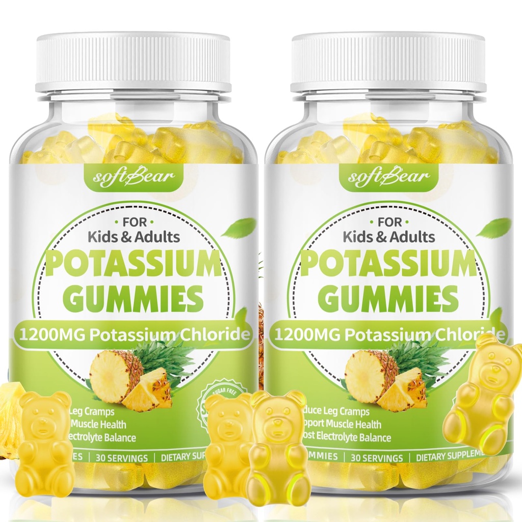 softbear Potassium Chloride Gummies 1200mg, Sugar-Free Potassium Gummies for Adults Support Leg Cramps High Potency Potassium Chloride Supplement, Pineapple Flavor 120 Count