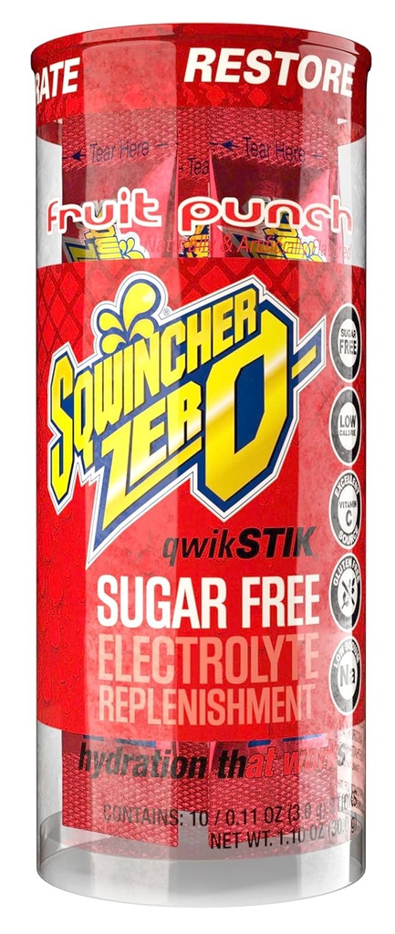 Sqwincher Zero Qwik Stik, Fruit Punch, Sugar Free, Low Calorie, Low Sodium Electrolyte Replacement Powder Hydration Drink Mix, .11 oz Packet (Pack of 200)