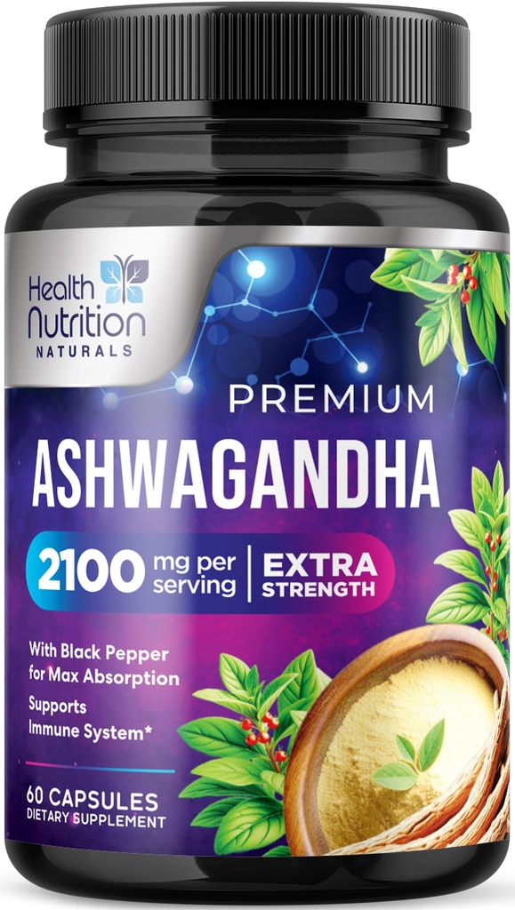 Ashwagandha Supplements - Premium Ashwagandha Capsule for Women & Men, Natural Antioxidant Support, Ashwagandha Root, Extra Strength Calm Support with Black Pepper, Vegan & USA Bottled - 60 Capsules