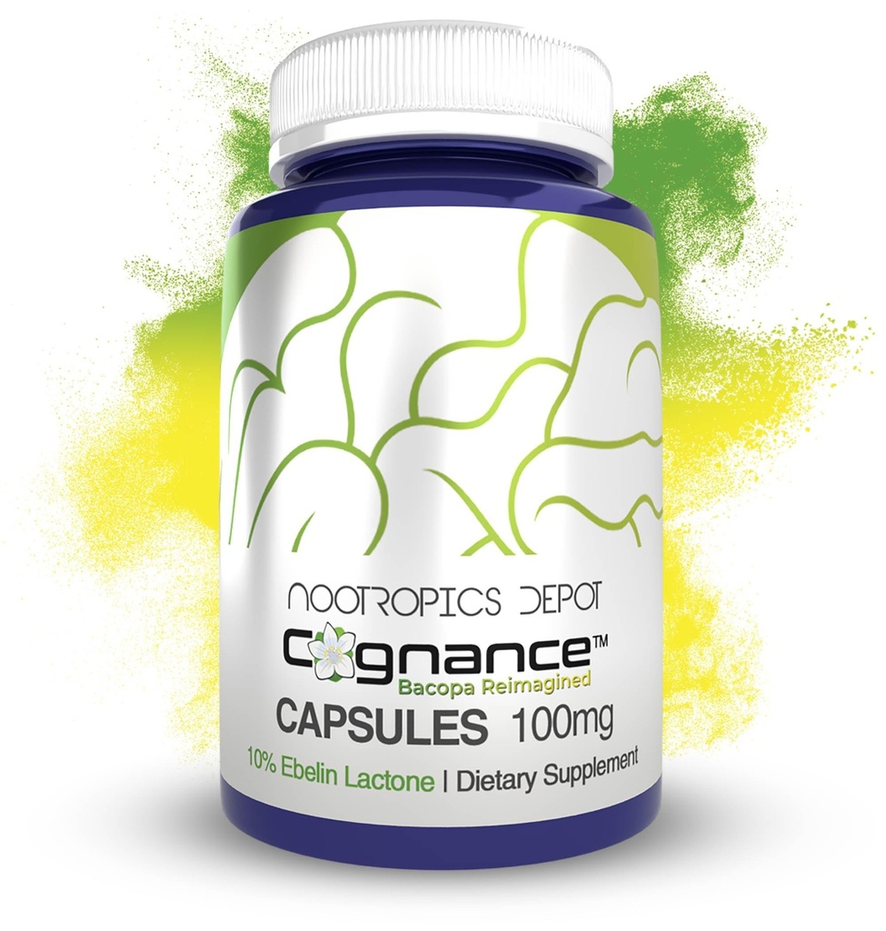 Nootropics Depot Cognance Enhanced Bacopa Capsules | 100mg | 10% Ebelin Lactone | Bacopa monnieri | Mood, Memory, & 5-HT2A Activation, 60 Count (Pack of 1)
