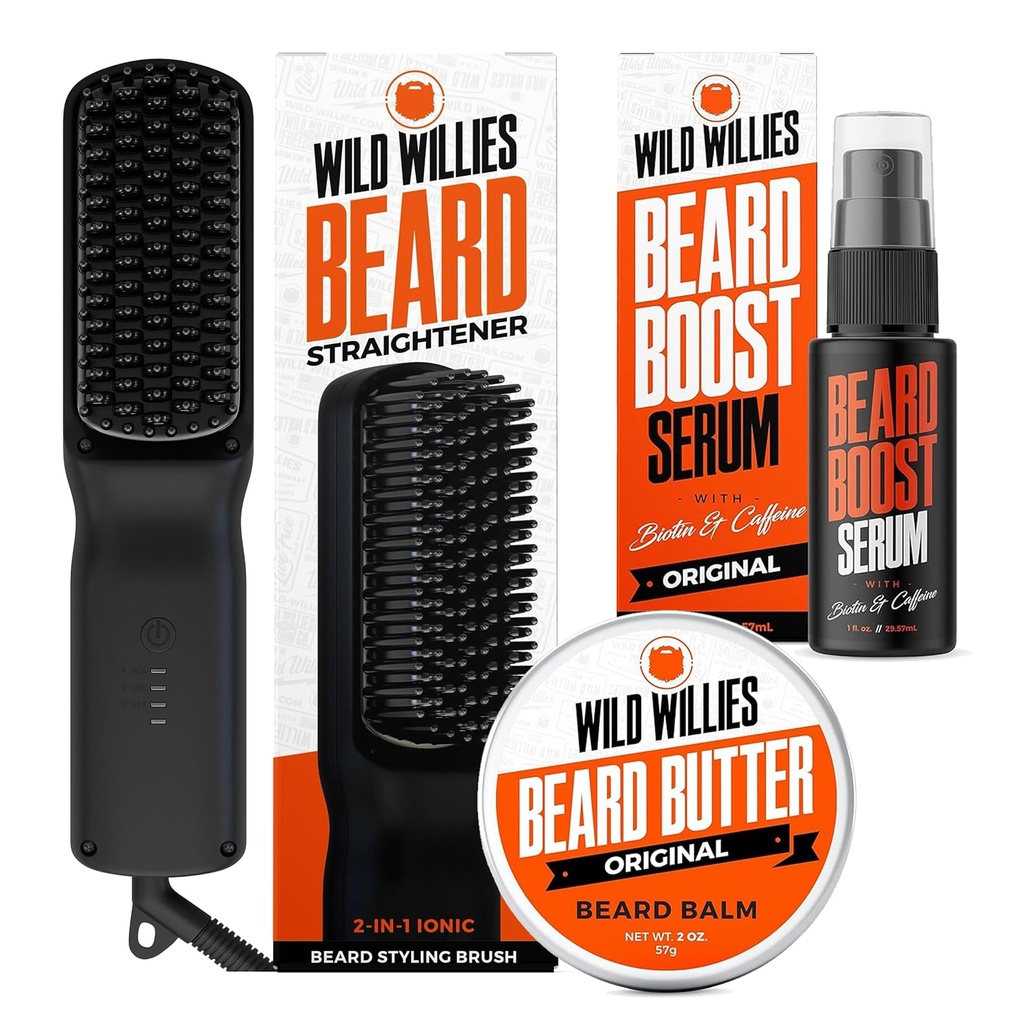 Wild Willies Beard Care Kit: Heated Beard Straightener for Men, Beard Butter, & Beard Growth Serum - Ultimate Grooming Tool Set, Beard Balm, Hydrating Serum, Hot Comb Beard Brush for Daily Use