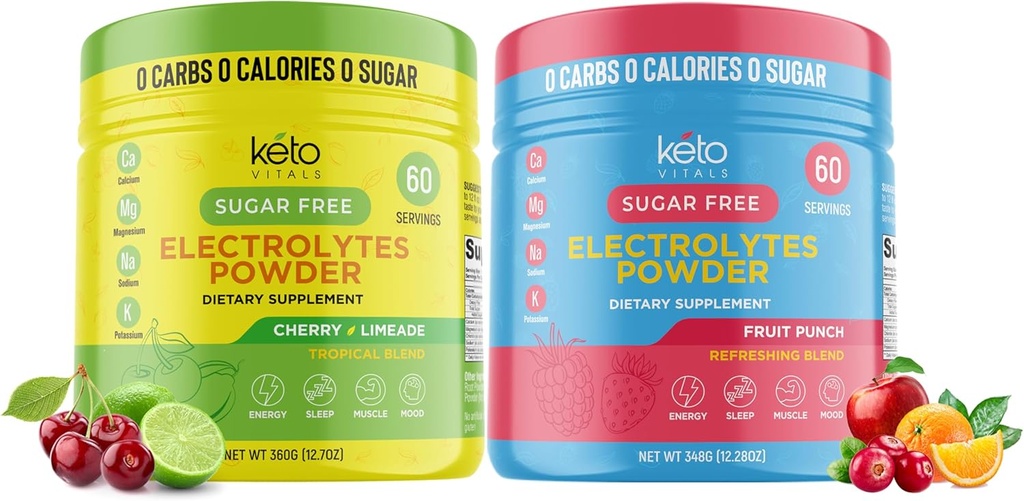 Keto Vitals Cherry Limeade Bundle with Fruit Punch - 2 Pack Bundle Keto Electrolytes Powder - Keto-Friendly Electrolytes with Potassium, Magnesium, Sodium, Calcium - Cherry Limeade & Fruit Punch