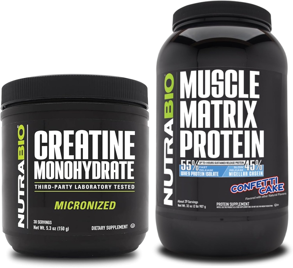NutraBio Creatine Monohydrate, Unflavored, (150 g) and Muscle Matrix Protein Powder, (Confetti Cake) Supplement Bundle – Muscle Energy, Maximum Growth, Recovery, and Strength